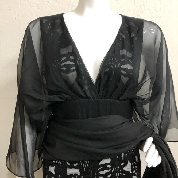 Lotus Threads Black Chiffon Maxi Overlay Lace Long Romper Gown - Picture 3 of 6